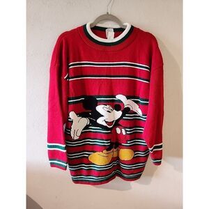 Vintage 90s Disney Christmas Mickey Mouse Knit Sweater Large Red Y2K Striped